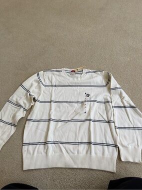 Crest White Crewneck Sweater with Navy Stripes